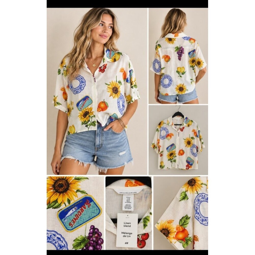 NWT Linen Blend Sardine Fruit Floral Shirt Womens M Coastal Novelty Button Up
